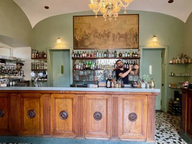 İtalya, Torin, Torino, İtalya 'daki Piazza Vittorio Veneto' da bulunan Carpano Vermuth marka içkisiyle tanınan tarihi Caffe Elena 'nın içeceği. Yüksek kalite fotoğraf