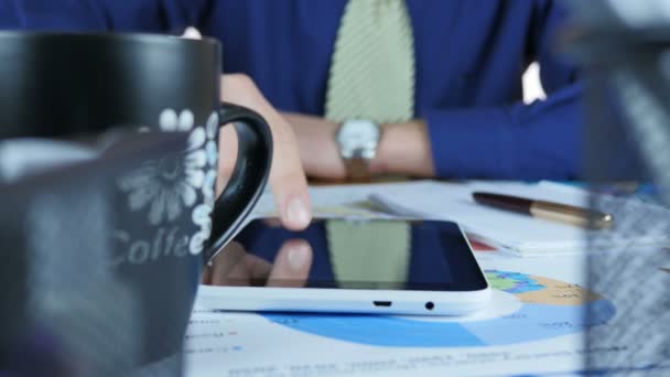 Businessman Working With Tablet And Drink Coffee — Stock Video