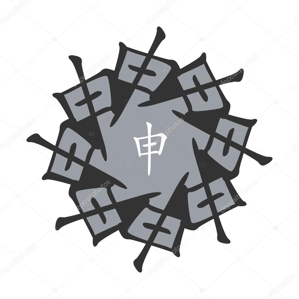 Symbol from chinese hieroglyphs. Translation of 12 zodiac animals branch, feng shui signs hieroglyph: 'Monkey'. Five elements.