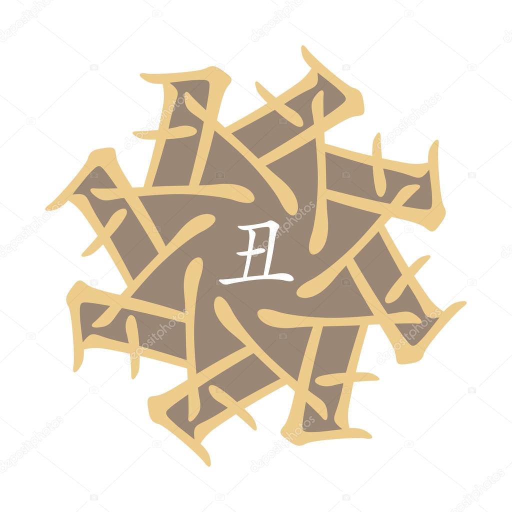 Symbol from chinese hieroglyphs. Translation of 12 zodiac animals branch, feng shui signs hieroglyph: 'Dog'. Five elements. Yang earth element. Red gradient