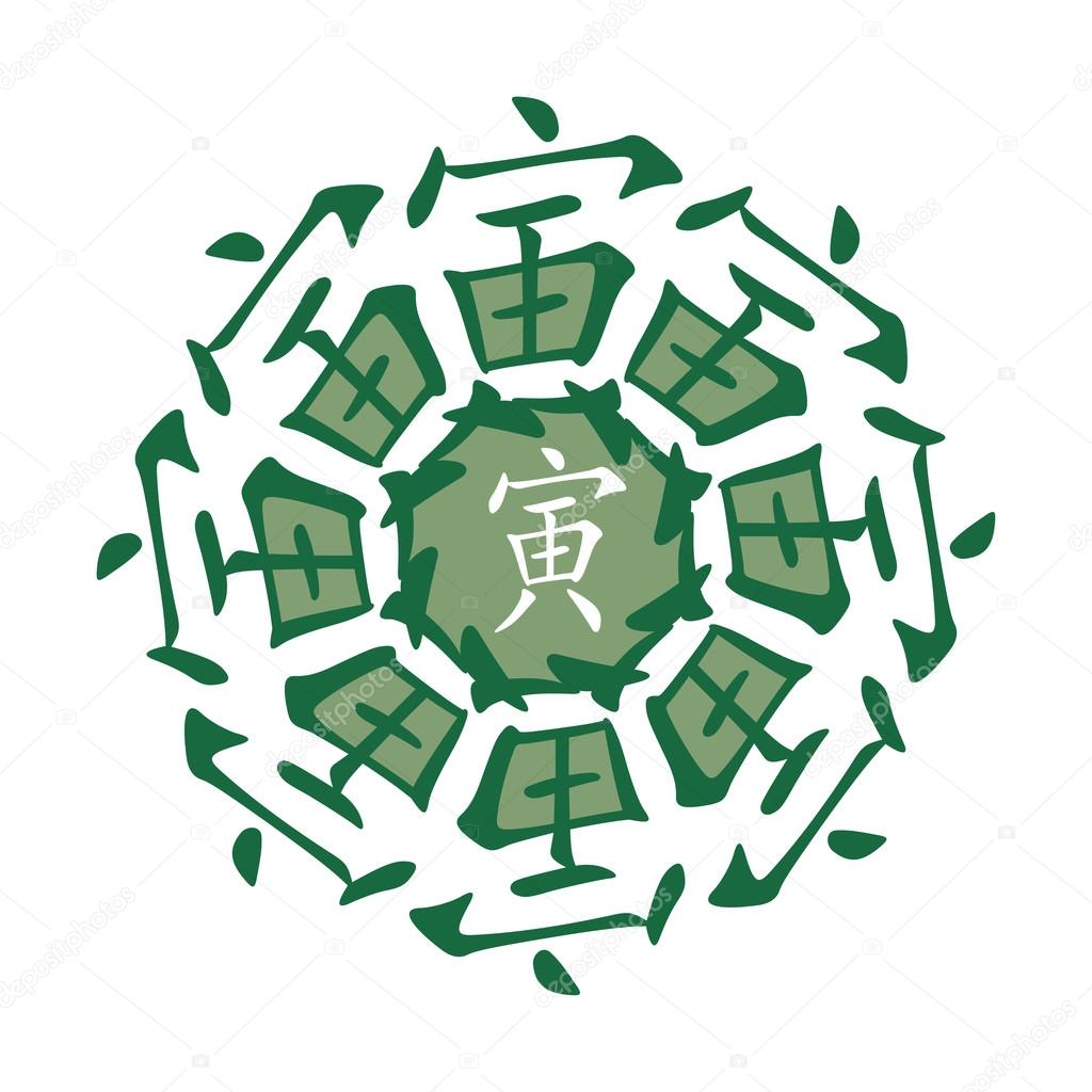 Symbol from chinese hieroglyphs. Translation of 12 zodiac animals branch, feng shui signs hieroglyph: 'Dog'. Five elements. Yang earth element. Red gradient