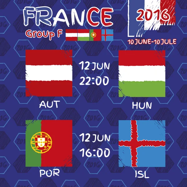 Pattern, flags, date and time for football championship. A soccer ball pattern and a Austria, Hungary, Portugal and Island flag. Group F — Stock Vector