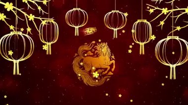 Geleneksel dairesel motifin içinde altın bir at parıldayan kırmızı bir zemin üzerine kuruludur. Parlayan fenerler ve yeni yıl için stilize kiraz çiçekleri çerçevelenmiştir..