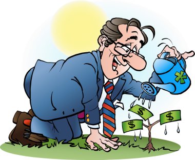Vektör karikatür çizim bir işadamı bir para ağacı sulama