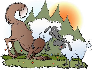 Takım elbiseli koyun kılığına girmiş bir kurt vektör karikatür çizim