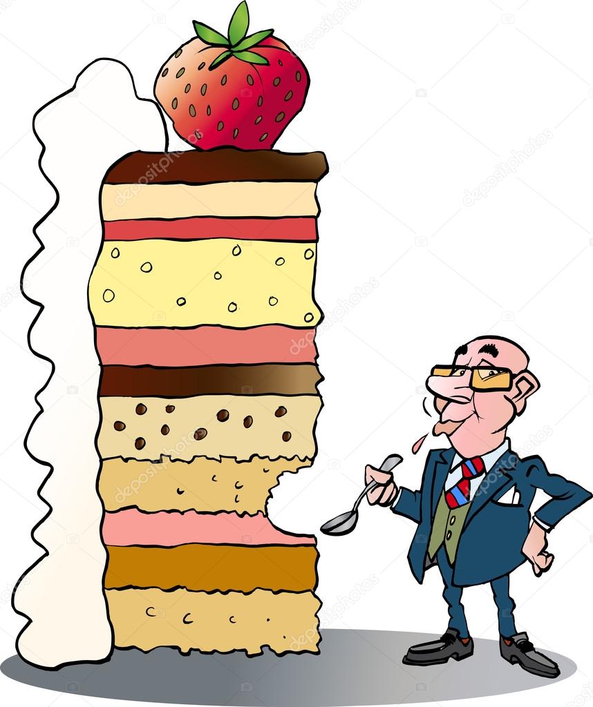 A businessman taking a bite of the big cake