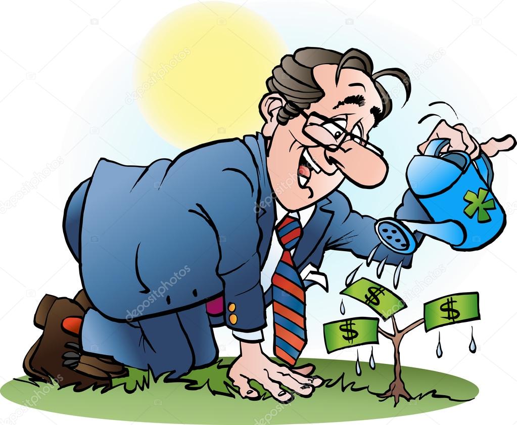 Vector cartoon illustration of a businessman watering a money tree