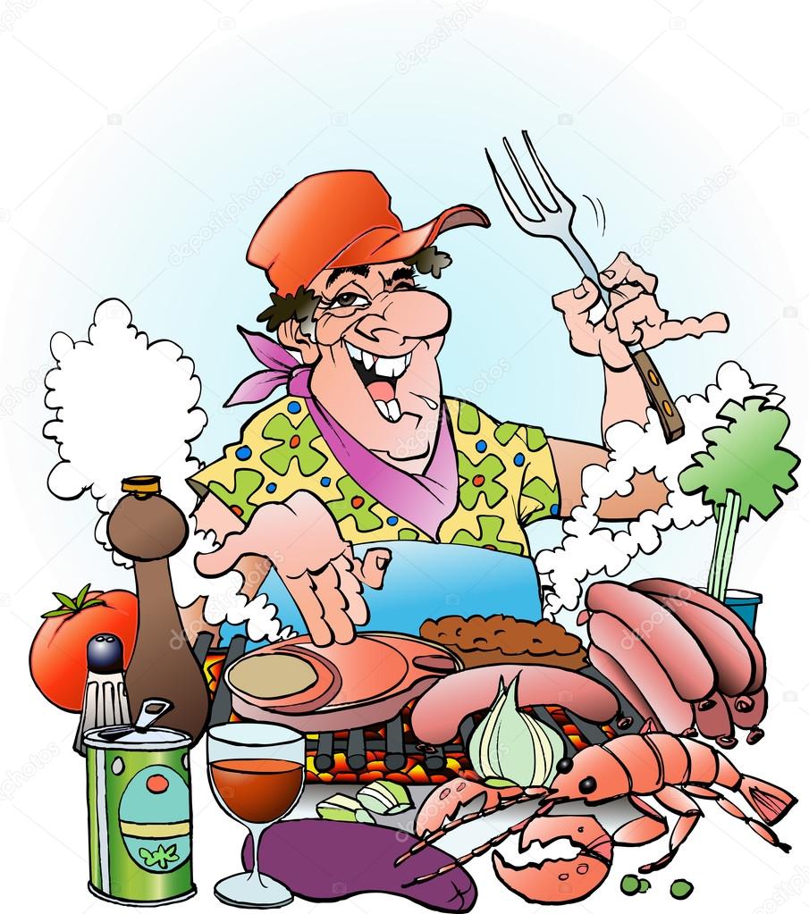 A Grillmaster inviting to a grill party outdoor