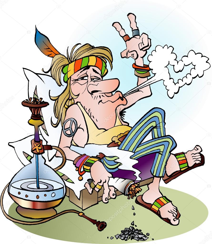 Vector cartoon illustration of a hippie smoking a joint