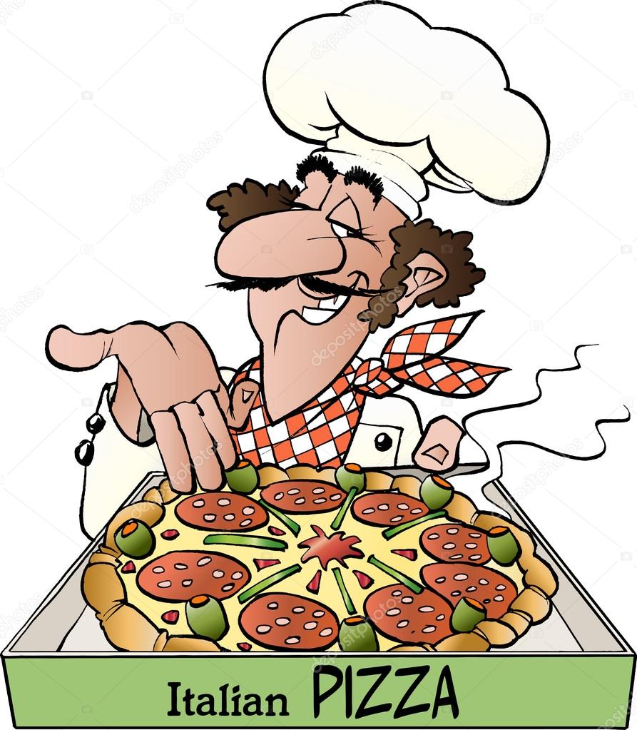 A pizza baker with text