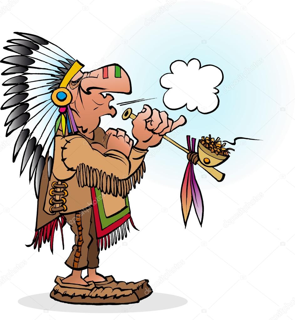 Vector cartoon illustration of an indian chief smoking a pipe