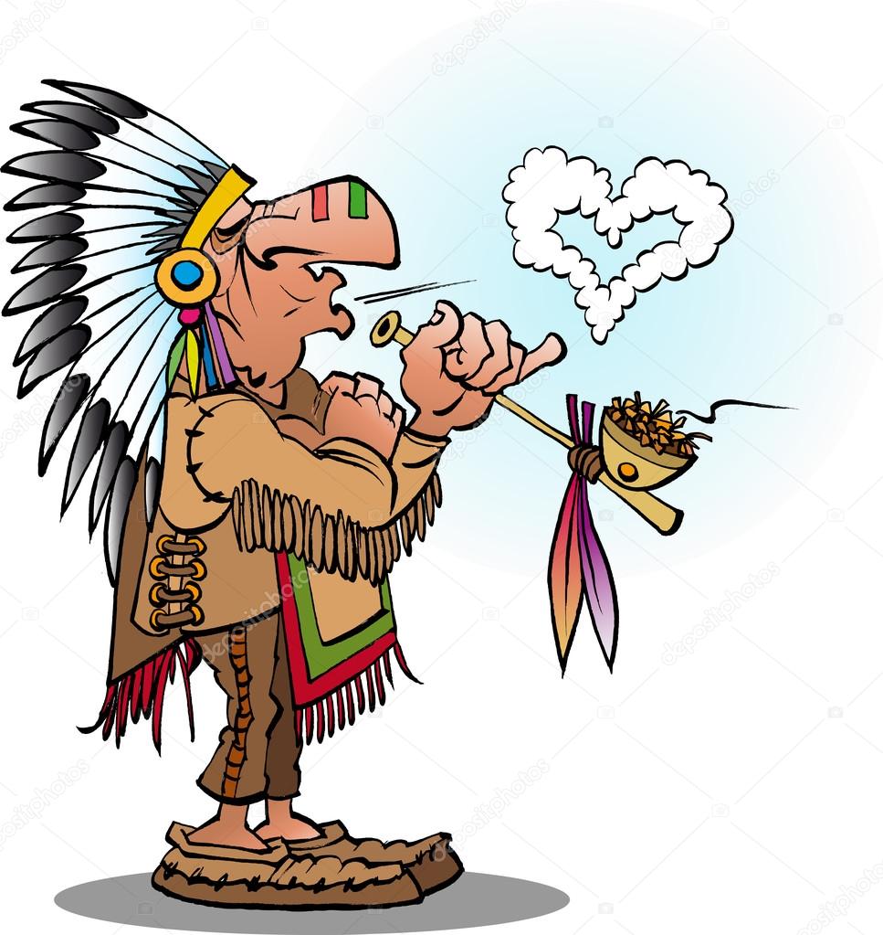 Indian chief smoking a pipe blowing a heart