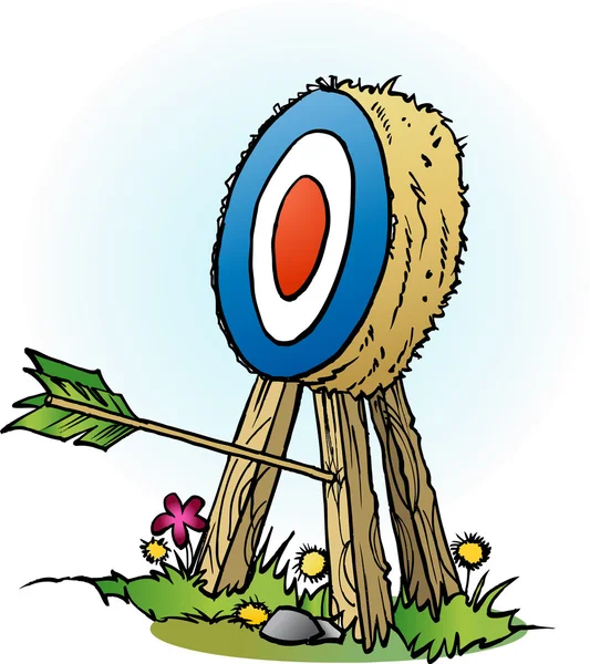 Vector cartoon illustration of an arrow in targets leg — Stock Vector
