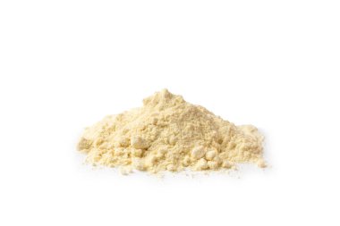 Protein powder. A scoop of protein powder isolated on a white background. Different flavors of whey protein powder. Sports nutrition concept. Gym. Amino acid food supplement, creatine powder. 