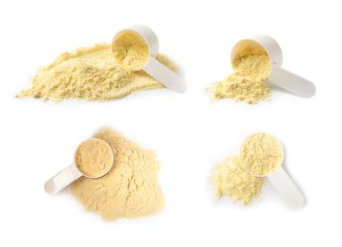 Protein powder. A scoop of protein powder isolated on a white background. Different flavors of whey protein powder. Sports nutrition concept. Gym. Amino acid food supplement, creatine powder. 