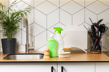 Mutfağın arka planında eko temizlik ürünleri var. Çevre dostu ev temizliği. Bir şişe doğal deterjan yüzeyi, eko fırçalar, süngerler ve paçavralar. Daha temiz bir kavram. Temizlik malzemeleri..