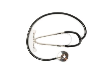 Steteskop beyaz arka planda izole edilmiş. Tıbbi alet. Tıbbi konsept. Sağlık hizmetleri. Sağlık Günü. Doktor ekipmanı. Kardiyoloji. Kalp hastalığı. Akciğer teşhisi. Solunum iltihabı teşhisi.