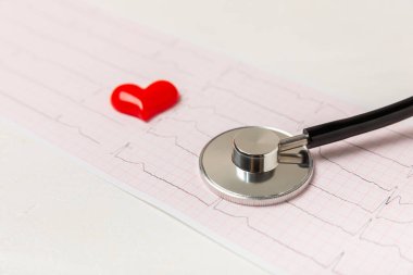 Tıbbi steteskop, kırmızı kalp ve kardiyogram. EKG, kalp dalgası, kalp krizi, kardiyogram raporu. Kardiyogram nabız ve kalp konsepti. Sağlık hizmeti. Metin için boşluk