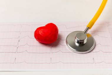 Tıbbi steteskop, kırmızı kalp ve kardiyogram. EKG, kalp dalgası, kalp krizi, kardiyogram raporu. Kardiyogram nabız ve kalp konsepti. Sağlık hizmeti. Metin için boşluk