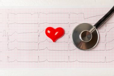 Tıbbi steteskop, kırmızı kalp ve kardiyogram. EKG, kalp dalgası, kalp krizi, kardiyogram raporu. Kardiyogram nabız ve kalp konsepti. Sağlık hizmeti. Metin için boşluk