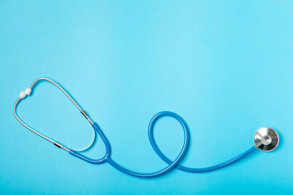 Stethoscope on the table. Medical instrument. Medical concept. Healthcare. Health Day.Doctor equipment. Cardiology. Heart disease.Lung diagnostics.Diagnosis of respiratory inflammation.Space for text