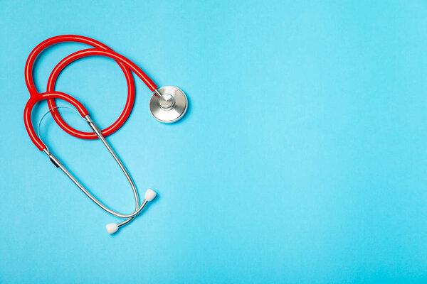 Stethoscope on the table. Medical instrument. Medical concept. Healthcare. Health Day.Doctor equipment. Cardiology. Heart disease.Lung diagnostics.Diagnosis of respiratory inflammation.Space for text