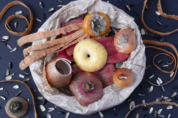 Sebze hamuru, soğan kabuğu gübrelemek için arta kalan yemek. Sıfır israf konsepti. Çevre dostu. Eko konsepti. Metin için alanı kopyala.