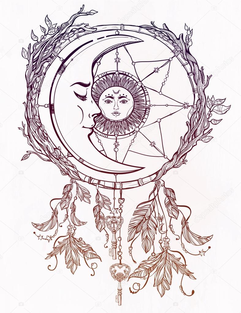 Dream catcher adorned with sun and moon inside. — Stock Vector