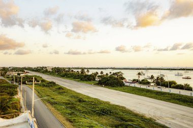 Isla Mujeres, Cancun, Mexico - Arkasında bir sürü ağaç ve bir su kütlesi olan yol. Gökyüzü pembe ve güneş batıyor.