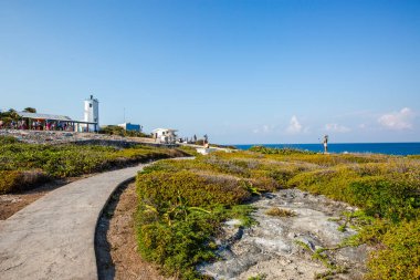 Isla Mujeres, Cancun, Mexico Beach 'te deniz fenerine giden bir yol var. Yol çalılarla kaplı ve sahil kayalık.