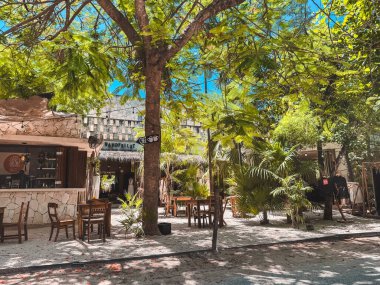 Tulum, Quintana Roo, Meksika, birkaç masa ve sandalyeli küçük açık hava kafesi. Masalar boş. Kafe ağaçlarla çevrili ve bir veranda alanı var.