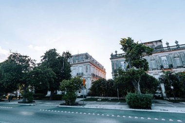 Merida, Yucatan, Meksika, bir sıra bina ve ağaçla dolu bir cadde. Binalar eski ve sokaklar boş.