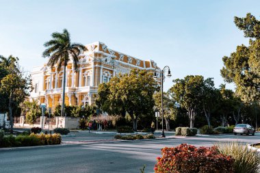 Merida, Yucatan, Meksika, sarı cepheli büyük bina yeşil bir ağacın önünde duruyor. Sokak ağaçlar ve çalılarla kaplı ve kaldırım boyunca park edilmiş birkaç araba var. Sahnenin huzurlu ve huzurlu bir atmosferi var.