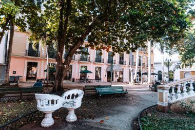 Merida, Yucatan, Meksika, Park 'ın arka planında bir bank ve ağaç var. Yedek kulübesi boş. Park binalarla çevrili.
