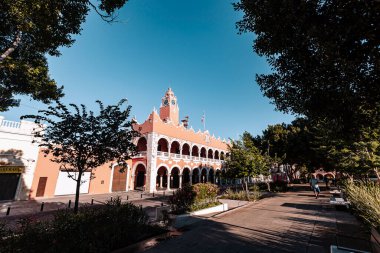 Merida, Yucatan, Meksika, saat kulesi ve geniş kemerli bir bina. Bina pembe ve bir sürü penceresi var. Gökyüzü mavi ve arka planda ağaçlar var.