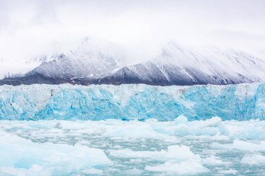 Svalbard seyahati - Büyük dağ sıraları kar ve buzla kaplıdır. Gökyüzü bulutlu ve arka planda dağlar var