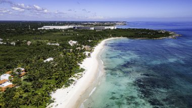 Xpu-ha Sahili Riviera Maya Meksika Güzel plajı. Açık mavi okyanusu ve arka planda palmiye ağaçları var. Kumsal boş ve gökyüzü temiz.