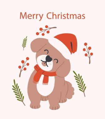 Noel Köpeği Düz Tasarım elementinde şirin bir yavru köpek, tatil kartları, evcil hayvan temaları ve modern vektör stilinde kış projeleri için mükemmel.