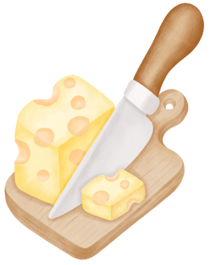 Peynir aşığı suluboya çizimi elle boyanmış peynir dilimleri ve yumuşak desenli süt ürünleri yemek temaları ve Peynir Sevenler Günü görselleri için mükemmeldir..