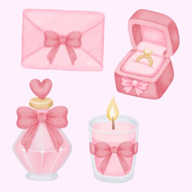 Coquette Valentine suluboya elementleri yumuşak pastel tonlar, aşk temalı çizimler, kartlar ve dekoratif tasarım projeleri için kadınsı ve romantik detaylar içerir.