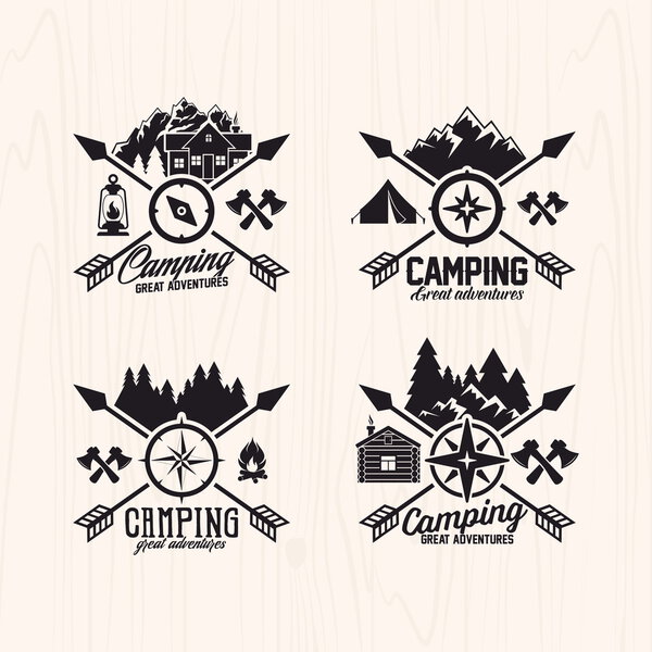 Summer camp badges logos and labels for any use, on wooden background texture