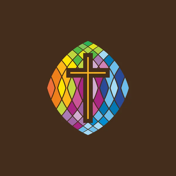 Kirchenlogo. Christliche Symbole. das Jesuskreuz in Glasmalerei. — Stockvektor