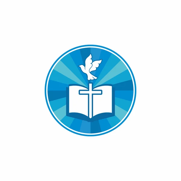 Logotipo da igreja. Símbolos cristãos. Bíblia Sagrada, cruz e pomba . — Vetor de Stock