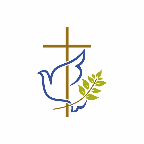 Church logo. Christian symbols. Cross, dove and olive branch. — Stock Vector