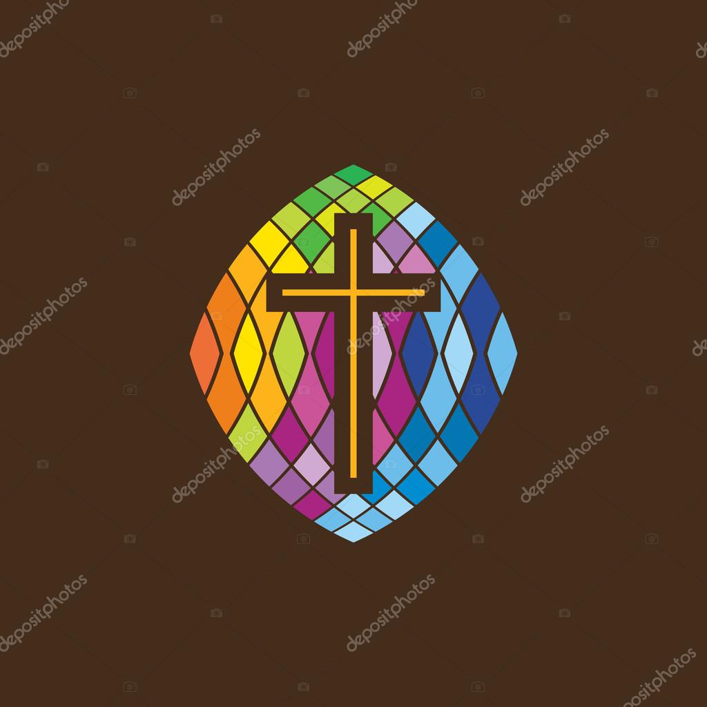 Church logo. Christian symbols. The cross of Jesus in stained glass.