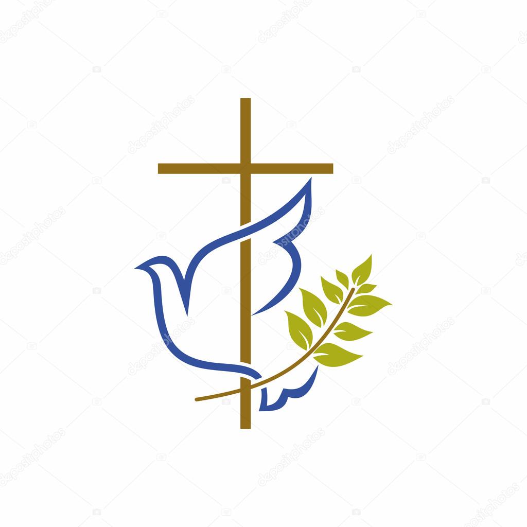 Church logo. Christian symbols. Cross, dove and olive branch.