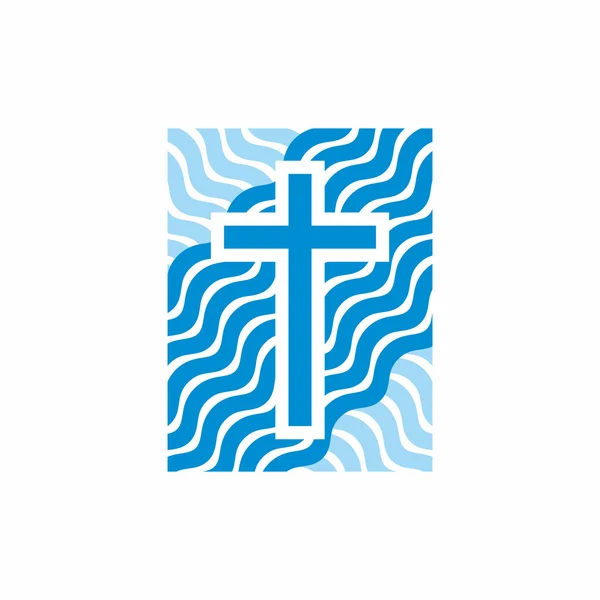 Logo iglesia. Símbolos cristianos. Olas, cruces, corrientes de agua vivas . — Vector de stock