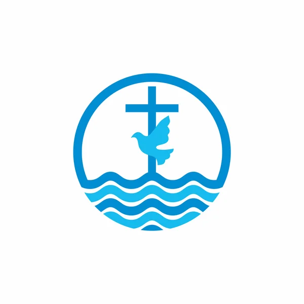 Logo church. Christian symbols. Cross and dove, waves. Jesus - the source of living water. — Stock Vector