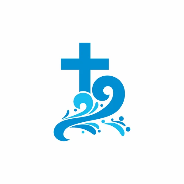 Igreja do logotipo. Símbolos cristãos. Cruzamento e ondas. Jesus - fonte de água viva . — Vetor de Stock