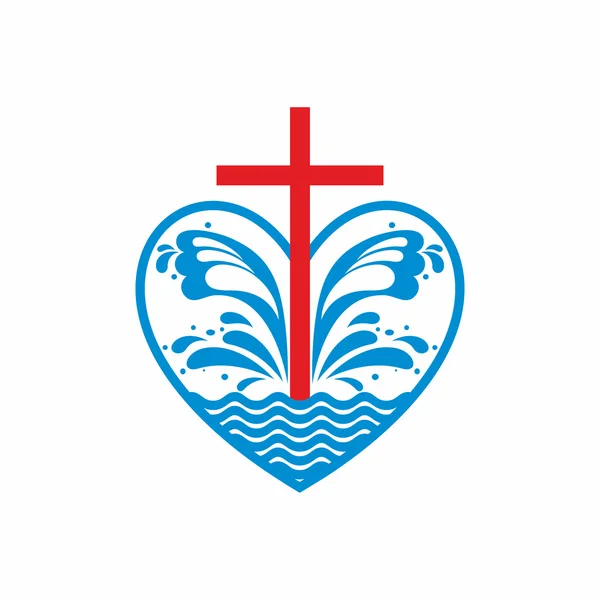 Igreja do logotipo. Símbolos cristãos. Coração, cruz e ondas. Jesus - fonte de água viva . — Vetor de Stock